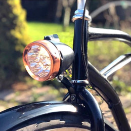 Eclairage vélo rétro à pile sur fourche noir et cuivre